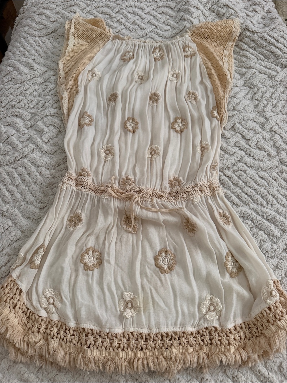 Sunday Tropez Cream Embroidered Floral Boho Tunic Dress